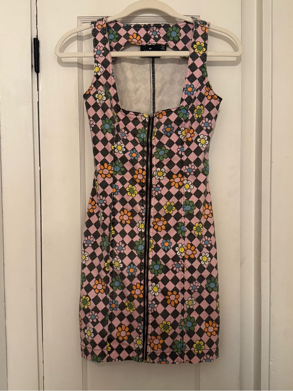 Lazy Oaf Pink Floral Check Zip-Front Mini Dress